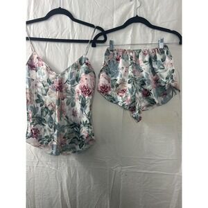 Intimo Camisole Shorts Set Floral Print Satin V Neck Spaghetti Strap Size S
